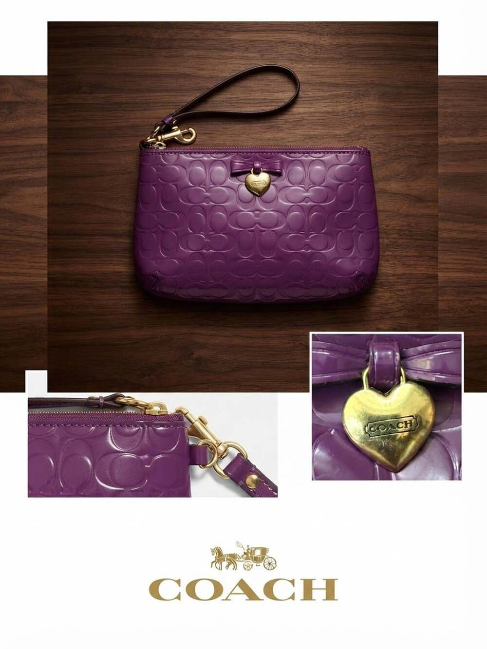 Coach Signature Patent Glossy F49562 Wristlet Pouch Clutch Wallet Purple